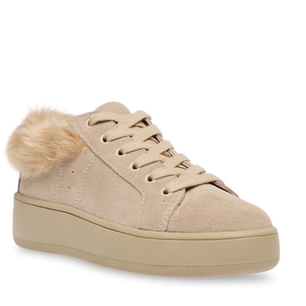 Steve Madden Taupe Suede Platform Sneaker with Faux Fur Collar